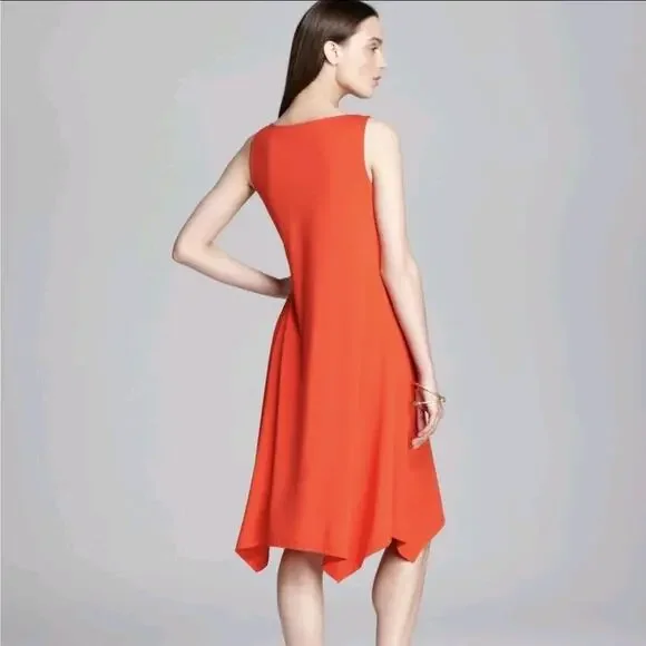 Eileen Fisher Red Orange Firefly Viscose Jersey Cowl Neck Dress Asymmetric Sz L - Picture 2 of 7